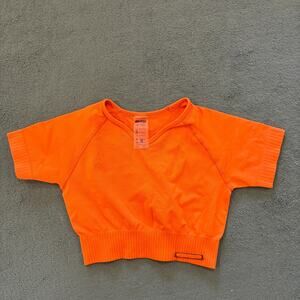 Bo+Tee Elevate Orange Seamless V-Neck Ribbed Crop Top Workout Shirt Women's Sz S